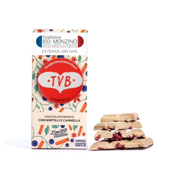 Cioccolato bianco con cannella e mirtilli + Calamita "TVB" - 100g